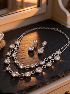 Elegant Layered Clear Crystal Double Strand Necklace & Earrings Set